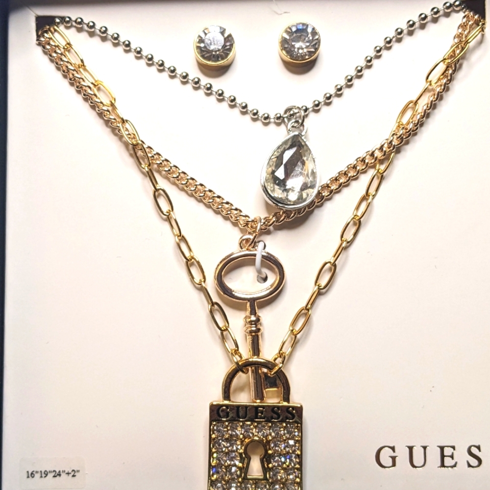 NWOT GUESS Gold-Tone  & Silver Layered Necklace & Earring Set  Lock & Key Design